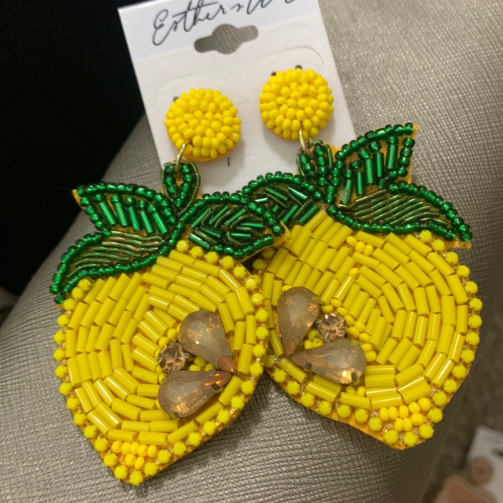 Beaded Lemon Rhinestone Felt Back Earrings